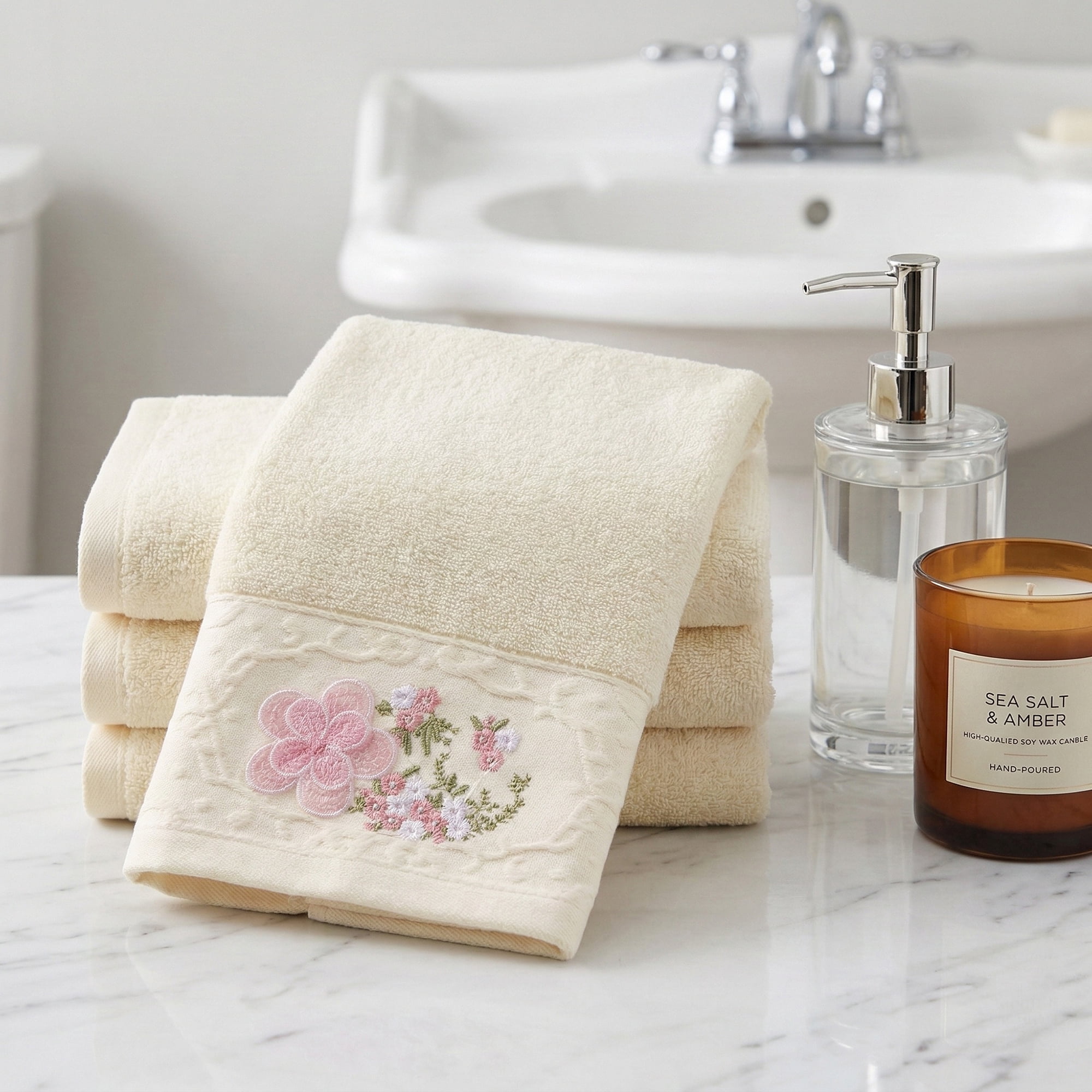 Unique Bargains Floral Embroidered Soft Absorbent Set Hand Towels Milky White 2pk
