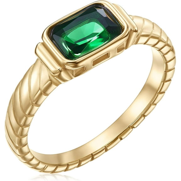 Gold Emerald Rings Gold Rings for Women Dainty Green Rings Cut Emerald Gemstones CZ Non Tarnish Gold Rings 14K Gold Plated Rings for Women Band Size 6/7/8