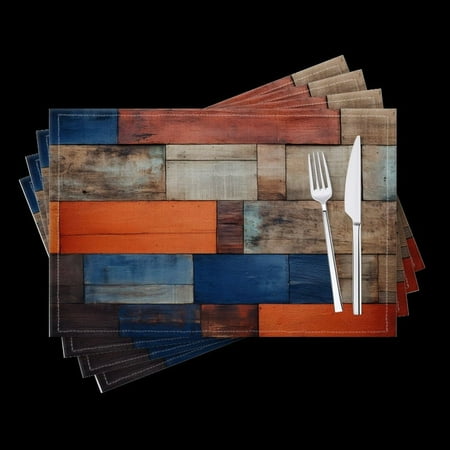 

BaHomeck placemats Set of 4 Colorful Wooden Wall With Orange Blue And Brown Cotton Linen rectangle Placemats for Kitchen Dining Table Indoor Outdoor 18*12inch