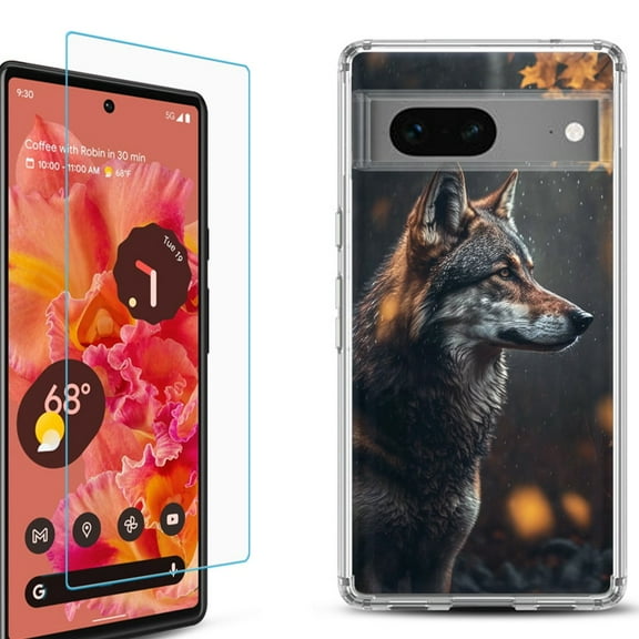 OneToughShield ® for Google Pixel 7a Shockproof Bumper Phone Case, with Tempered Glass Screen Protector - Wolf Autumn