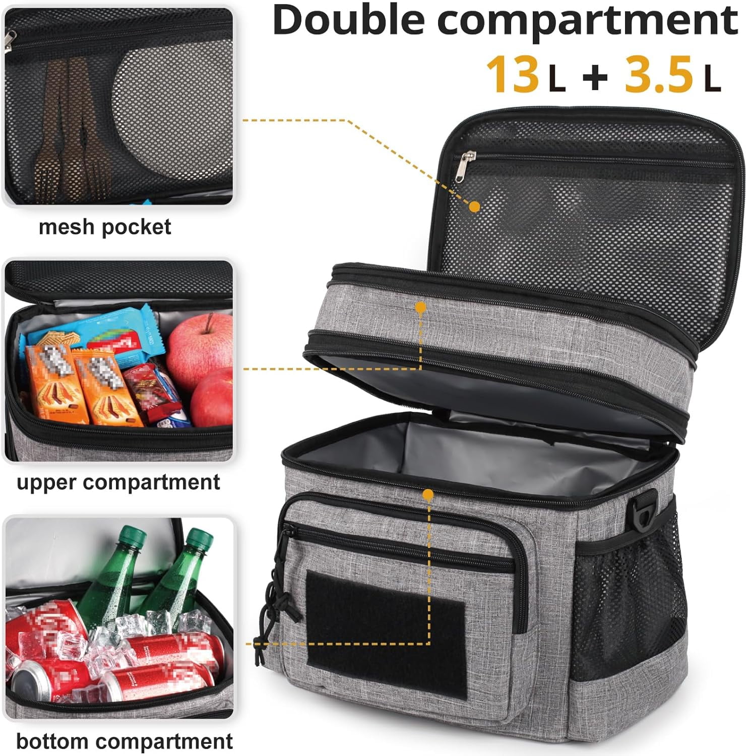 TRIPGEAR Double Deck Lunch Box for Men, Lunch Cooler Bag Work with Shoulder Strap Webbing Large Capacity Leakproof Insulated(19.5 Gray)