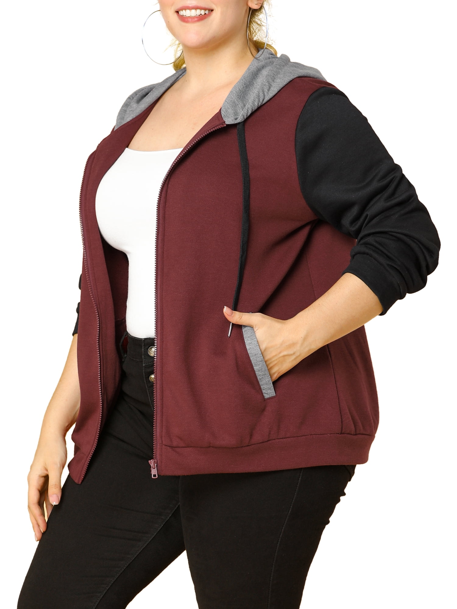 Unique Bargains Women's Plus Size Hood Color Block Zip Up Hoodie Casual Jacket with Pocket