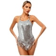thumbnail image 3 of Raenseen Womens Sleeveless Sequin Leotard with Fringe Latin Jazz Chacha Ballroom Dance Costume Silver M, 3 of 8