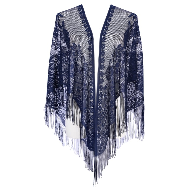 Chales y envolturas INSPIRAR CHIC para vestidos de noche, bufandas triangulares de encaje con flecos y borlas para mujeres en bodas y fiestas formales 74.8x28.3" Azul oscuro