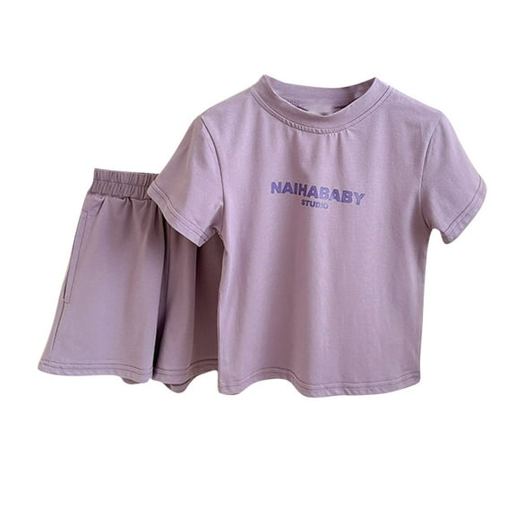 Zwiiyzr Girls' Boys' Letter Shorts Set 2 Piece Solid Color T-Shirt and Shorts Cotton Clothing Set for Kids 2-8 Years Purple