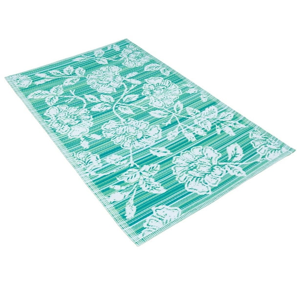 Beautiful Reversible Outdoor Floral Patio Mat, Turquoise, Blue