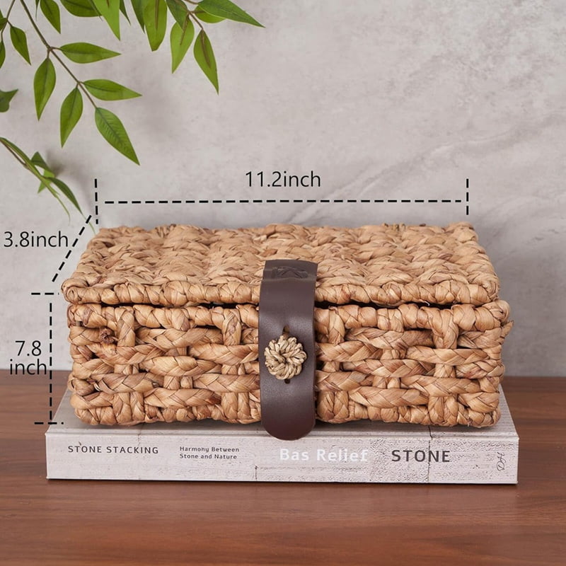 KUNPENG Decorative Storage Box with Lid, Hand-Woven Water Hyacinth Wicker Basket, Natural Seagrass Organizer for Shelf, Coffee Table & Bathroom, Small Boho Decorative Box for Home Organization