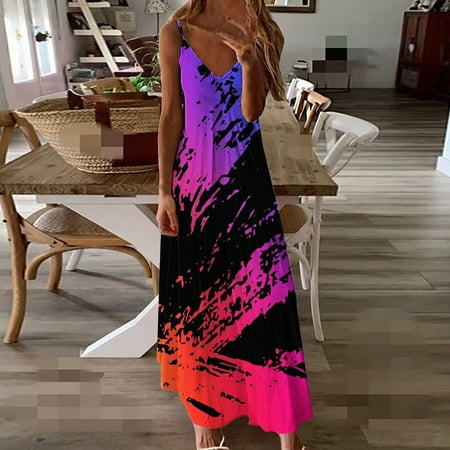 

Fatuov Dresses Women Summer Casual Sleeveless V Neck Colorful Printing Loose Long Dress Womens Dress Shoes Hot Pink XL