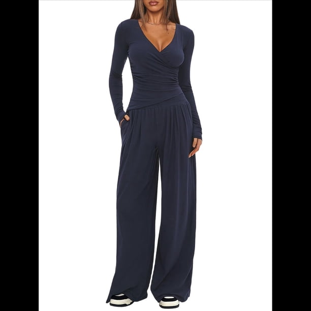 Conjuntos de 2 Piezas para Mujer para Estar en Casa en Otoño, Camisetas con Cuello Redondo y Pantalones Anchos, Conjuntos Casuales A Juego. Azul Oscuro XL