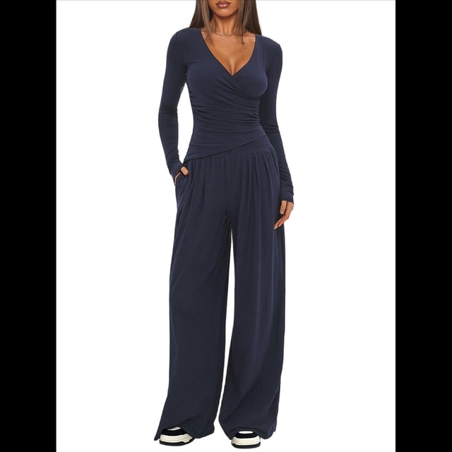 Conjuntos de 2 Piezas para Mujer para Estar en Casa en Otoño, Camisetas con Cuello Redondo y Pantalones Anchos, Conjuntos Casuales A Juego. Azul Oscuro S