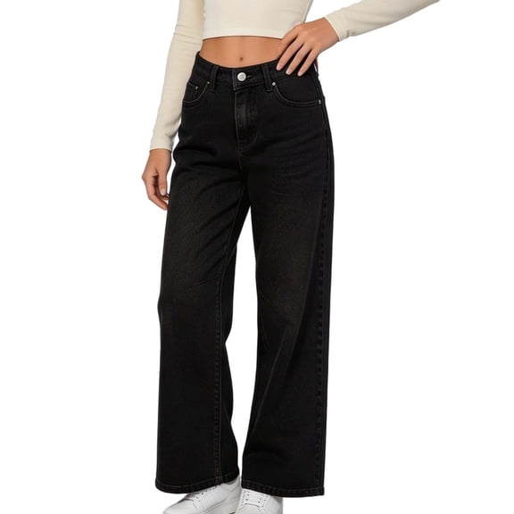 Luivaraty Womens Wide Leg Jeans Button Zip Waist Black Jeans Loose Outdoor Trendy Casual Denim Pants with Pocket, S-L