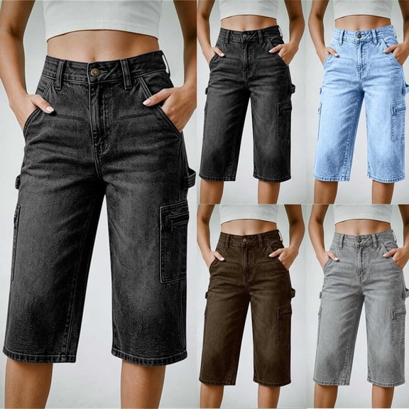 Fmbrln Womens Summer Cargo Capri Jeans High Waisted Button Cropped Denim Pants with Pockets