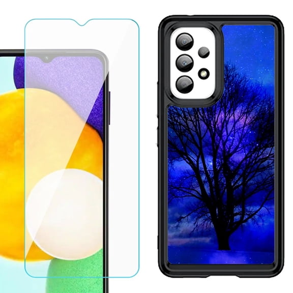 Shockproof Bumper (Black Frame) phone Case for Samsung Galaxy A23 5G, with Tempered Glass Screen Protector, by OneToughShield ® - Night Tree
