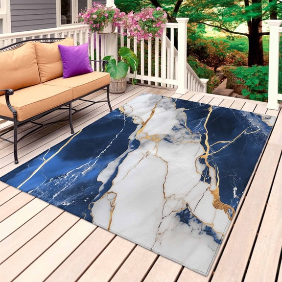Marble Navy Blue Outdoor Rug for Patio/Deck/Porch, Non-Slip Large Area Rug 5 x 7 Ft, Abstract Gold White Brick Stone Motif Indoor Outdoor Rugs Washable Area Rugs, Reversible Camping Rug Carpet Runner