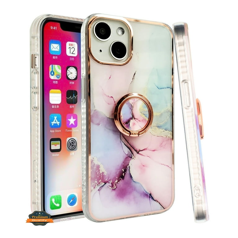 for iPhone 14 Designer Case,Luxury Elegant Phone Case with Kickstand Ring  Stand for Women Girls Soft TPU Metal Edges Shockproof Protective Cover Black