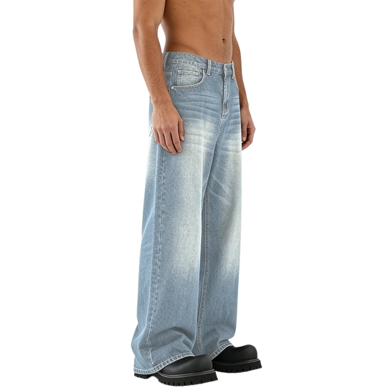 Ndbuld Dress Pants for Men Men's Retrojeans Solid Color Loose Straight Leg Fashionable Wide Leg Pants Men's Casual Denim Pants Light Blue S, Size