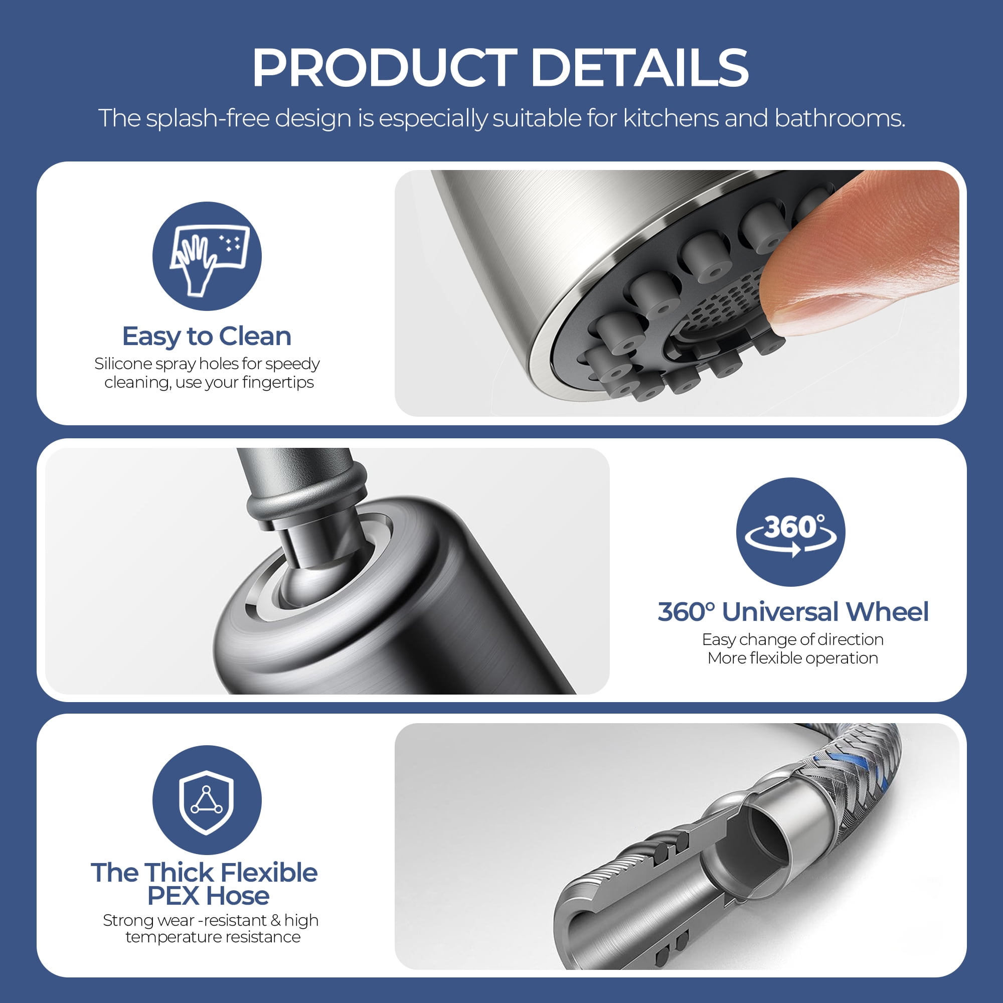 TVOFEK Kitchen Faucet with Pull Down Sprayer, Brushed Nickel Stainless Steel Kitchen Water Faucet with Deck Plate for 1 or 3 Hole, Single Handle Classic Faucets for RV Laundry Bar