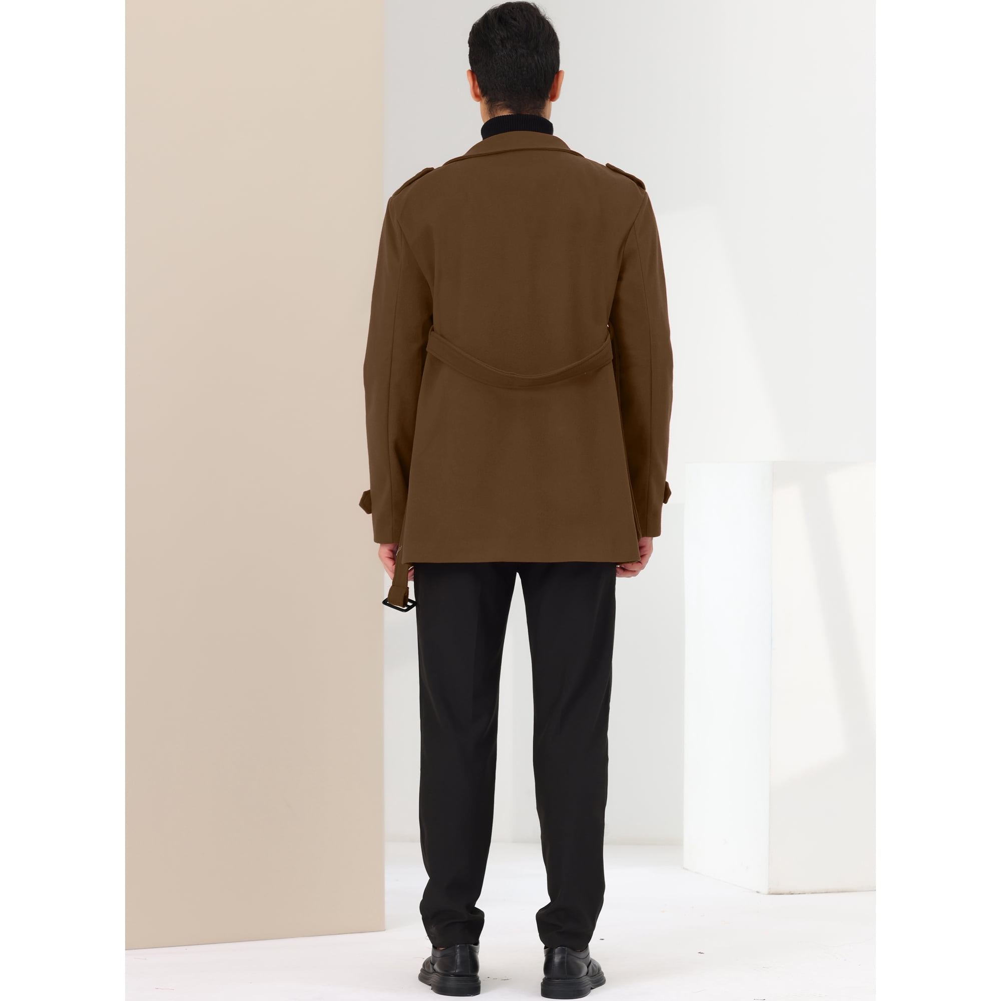 Unique Bargains Pardessus Homme Double Encoche Revers avec Ceinture Marron M Walmart