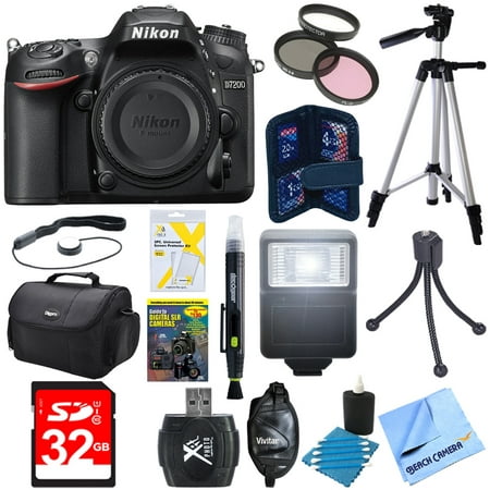 Nikon D7200 DX-Format 24.2MP Digital HD-SLR Body Bundle w/ lens cleaning kit, compact bag, micro fiber cloth, 32GB memory card, 57