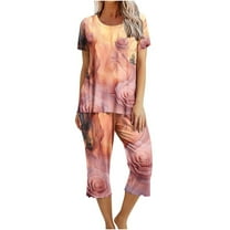perfectbot Women's 2 Piece Outfits Casual Summer Print Short Sleeve Top & Cropped Pant Trendy Vacation Outfits