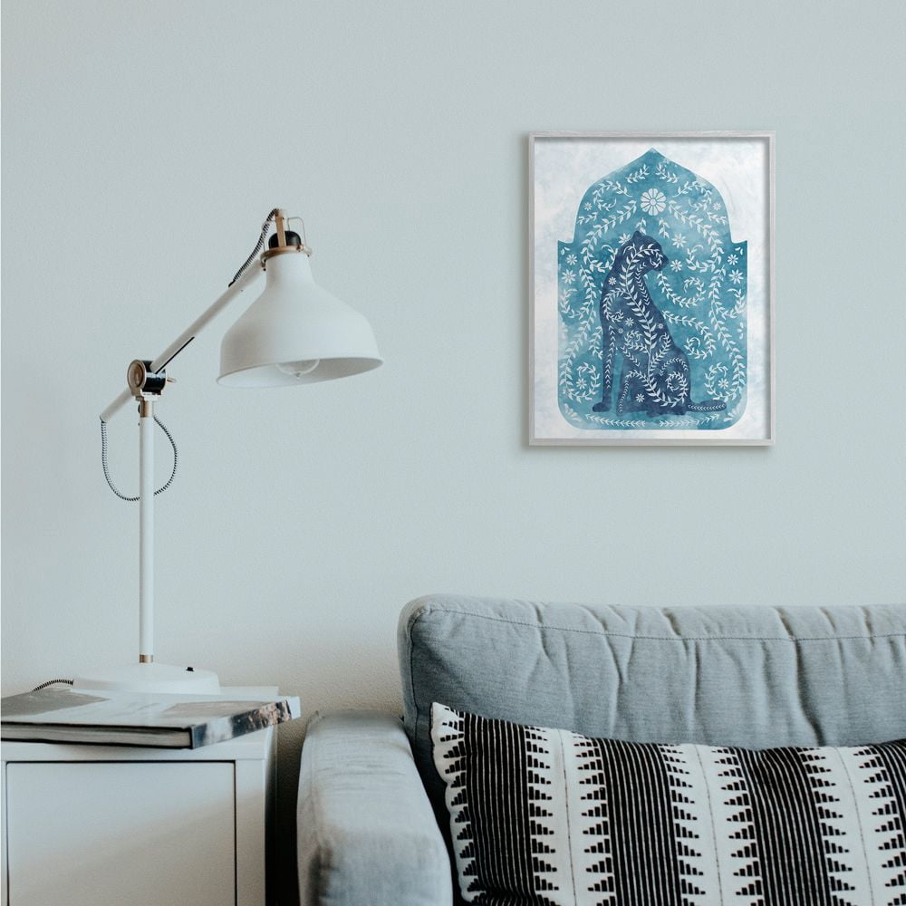 Stupell Industries Regal Cheetah Jungle Animal Vines Blue Arabesque Watercolor Framed Wall Art Design by Ziwei Li, 16" x 20", Gray Framed