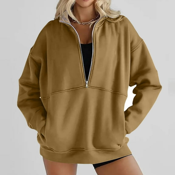 Tawop Hoodless Sweatshirt for Women Womens Top Sweatshirt Long Sleeve Pullover Pockets Solid Quarter Zip Workout Casual Khaki M