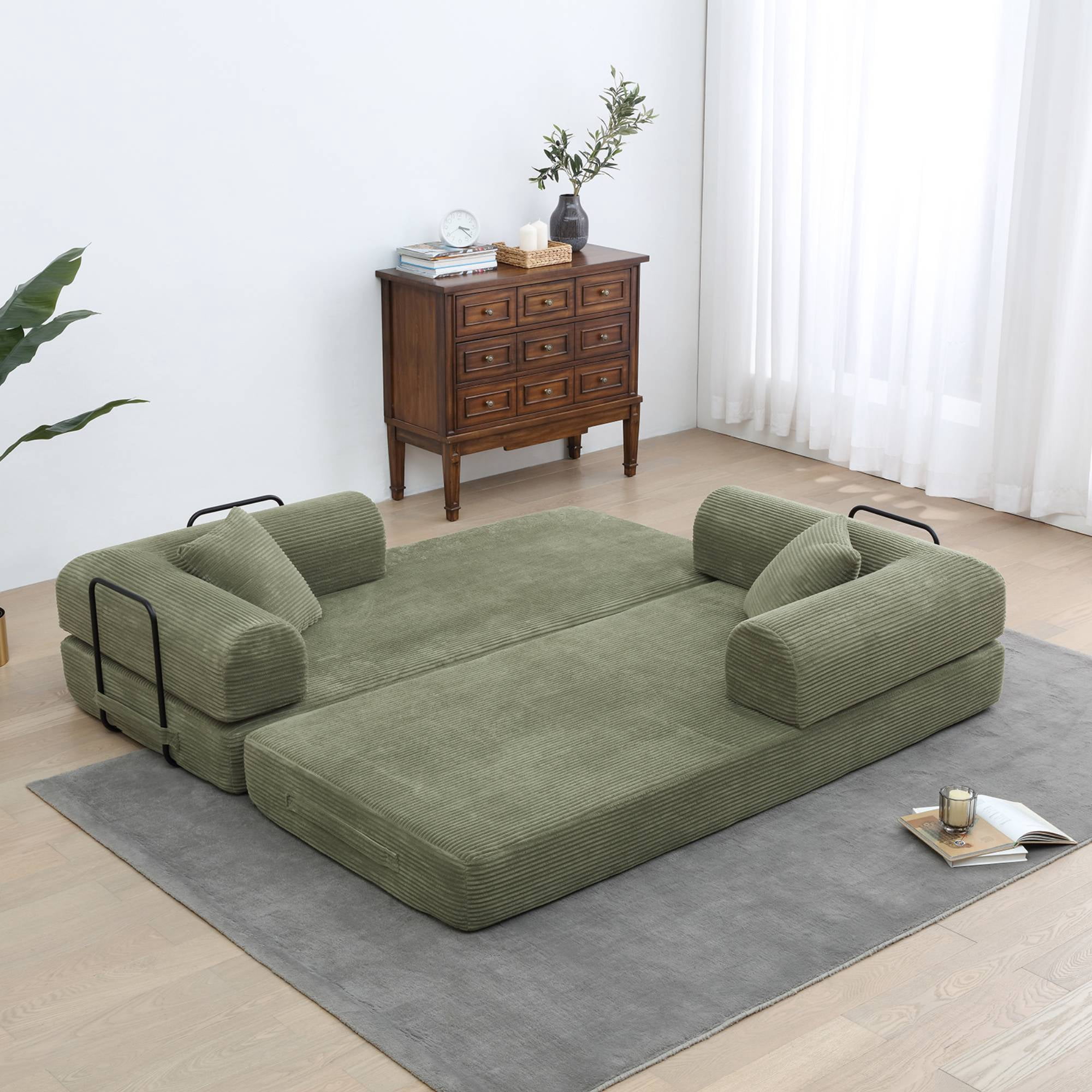 Convertible Sleeper Sofa Bed with Pillow, Corduroy Folding Mattress Floor Sofa Lounge Couch for Living Room, Bedroom, Light Green