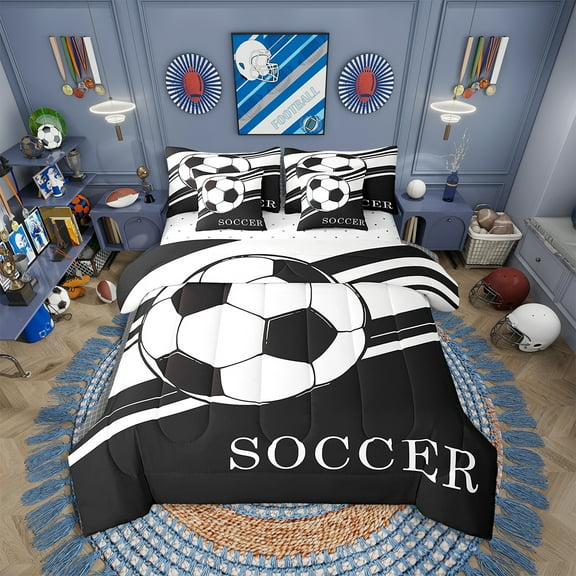 Erosebridal Soccer Comforter Set Twin 7 Pcs Football Black White Geometric Stripes Bedding Set Soccer Ball Game Sports Theme Bed in a Bag with Comforter,Sheets