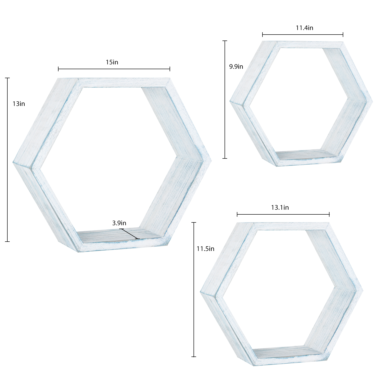 NEX Wooden Hexagon - 13" Rustic Floating Honeycomb Floating Shelf Set - Natural Wood in Light Blue White (3 Count)