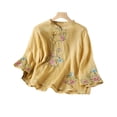 thumbnail image 2 of Womens Shirts Cotton Linen 3/4 Sleeve Embroidered Chinese Traditional Mandarin Collar Button Blouse Summer Trendy Tops Yellow XL, 2 of 4