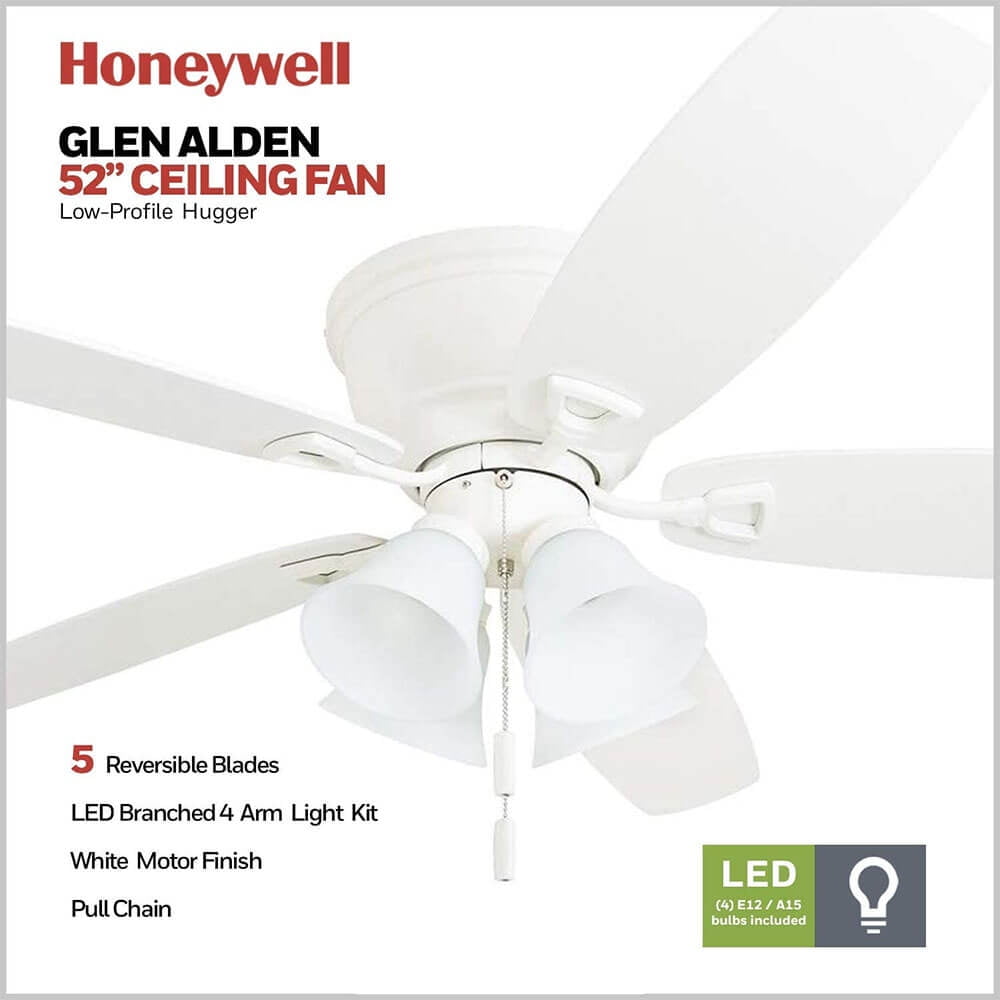 Honeywell Glen Alden 52" White Indoor Ceiling Fan with Light, 5 Blades, Pull Chains & Reverse Airflow
