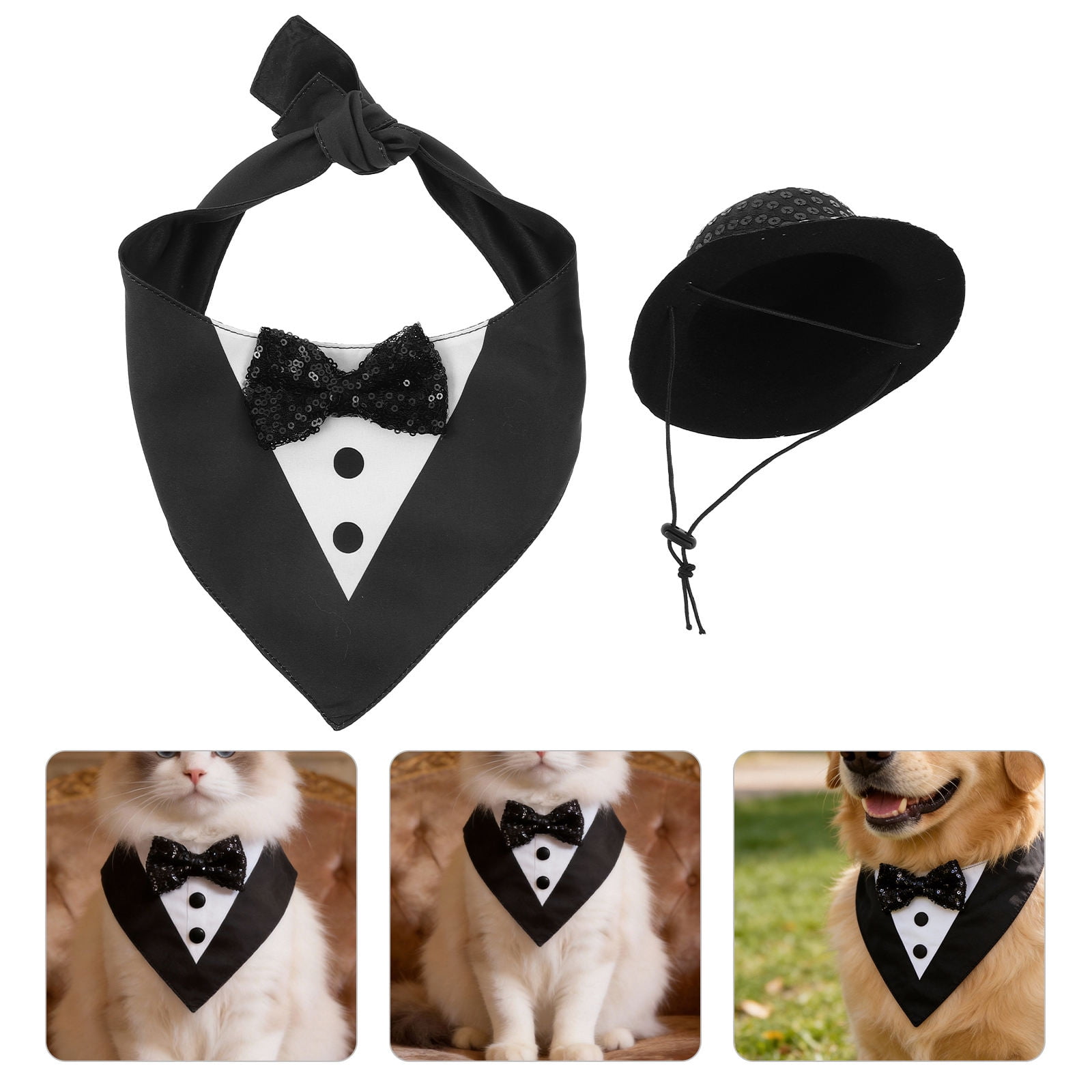 OULII 1 Set Reusable Dog Tuxedo Bandana and Hat Set Black Pet Wedding Costume Formal Puppy Outfit for Birthday Party Supplies