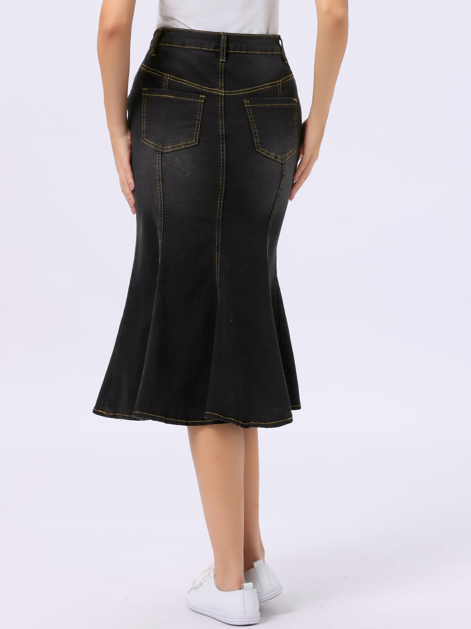 DARING DIVA Fishtail Denim Skirt Women's Washed Midi Jean Bodycon Skirt M Black