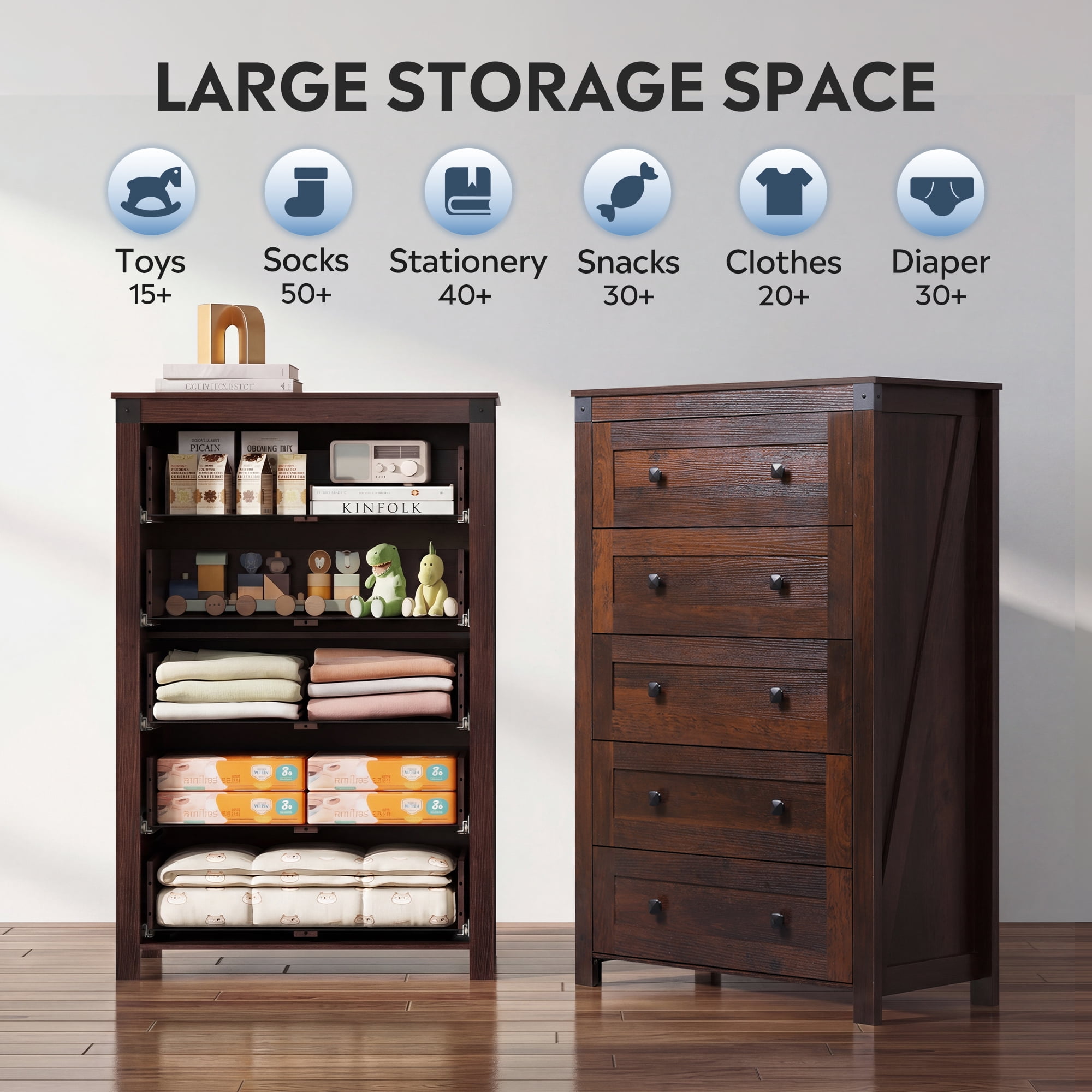 GALAXHERO Farmhouse 5 Drawer Dresser, Brown Tall Dresser with Double Rustic Handles, Wood Chest of Drawers for Bedroom, Living Room, Hallway