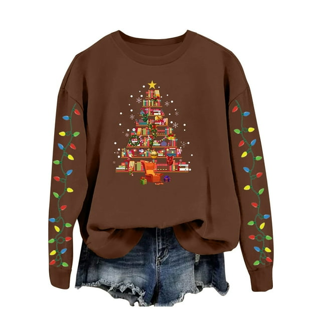 AWZXDE Chandail de Noël pour Femme, Cardigan à Enfiler avec Imprimé d'Arbre de Noël - Haut à Manches Longues à Col Rond pour Femme