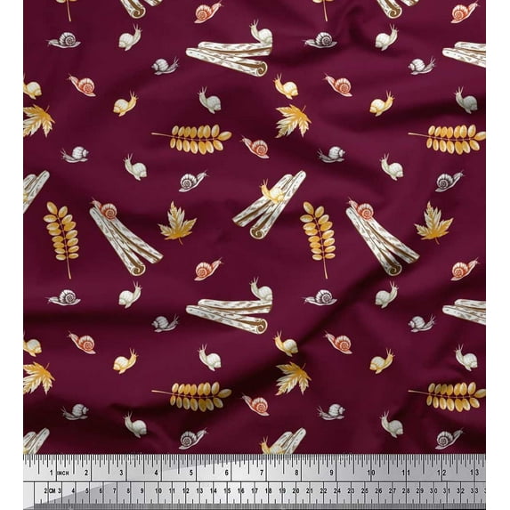 Soimoi Cotton Voile Fabric Leaves,Cinnamon & Snail Insects Printed Fabric 1 Yard 56 Inch Wide