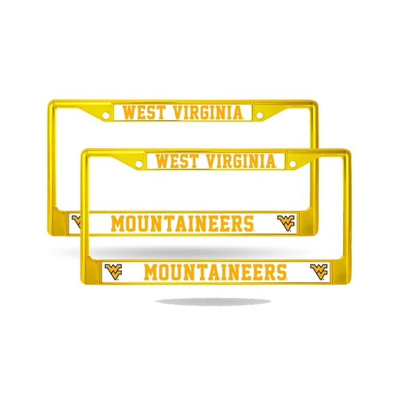 West Virginia UWV Mountaineers NCAA Yellow Painted Chrome Metal (2) License Plate Frame Set