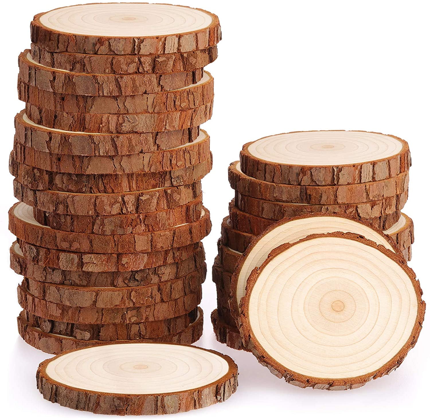 Unfinished Natural Wood Slices 25Pcs 3.1-3.5 inch Wood Coaster Pieces Craft Wood kit Predrilled with Hole Wooden Circles Great for Arts and Crafts Christmas Ornaments DIY Crafts Rustic Wedding 