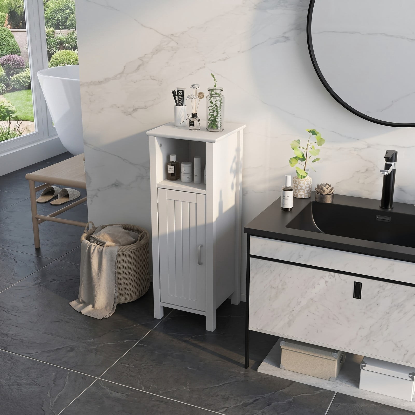 Fenbeli 1-Door Freestanding Bathroom Cabinet with Open Shelf, 2-Tier Floor Storage Organizer and Anti-Tip MDF Corner Cabinet for Bathroom Bedroom Living Room, White