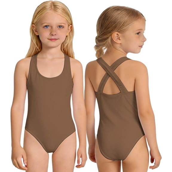 XEGLSBU Girls Youth 1 Piece Swimsuit Swimwear Solid Color Piece Swimsuit for Girls and Comfortable for Kids Swimwear Brown Size 11-12 Years