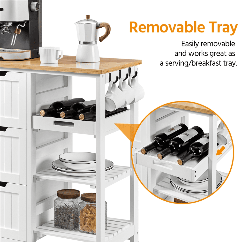 Alden Design 33" H Kitchen Storage Serving Cart for Kitchen Dining Room Bar, White