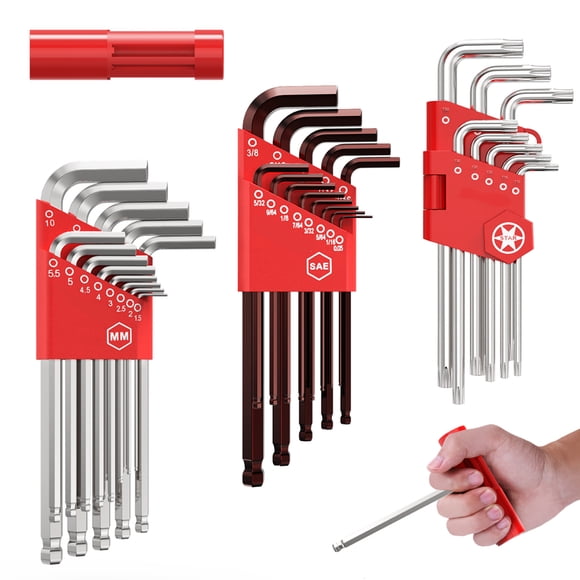 Allen Wrench Set 35 Piece Hex Key Set Metric Allen Key Set S2 Steel And CRV SAE 3/64-3/8 inch / MM 1.5-10mm / TORX T10-T50, Long Arm Ball End Allen Wrenches Sets Bonus Free Strength Helping T-Handle