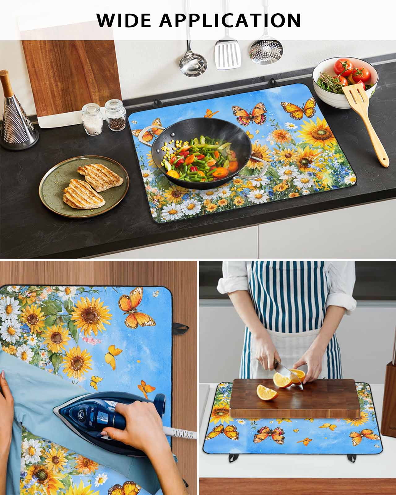 nqOlkjepod Large Induction Cooktop Protector Mat 24"x21", Spring Sunflower Daisy Stove Top Covers for Electric Stove, Yellow Butterfly Retro Oil Painting Stove Burner Cover Mats Stove Cover