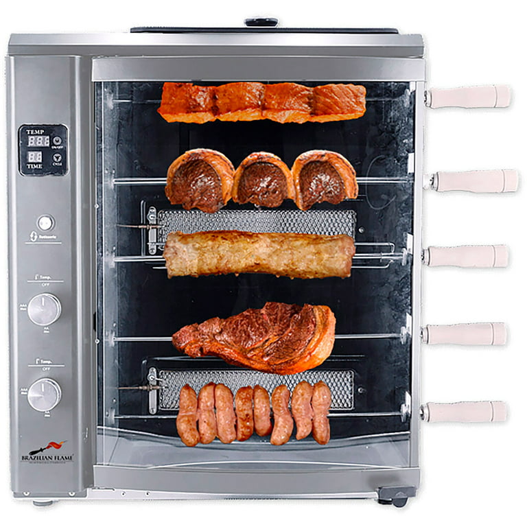 Brazilian Flame Gas Rotisserie Grill with 5 Skewers and Upper Tray, Silver
