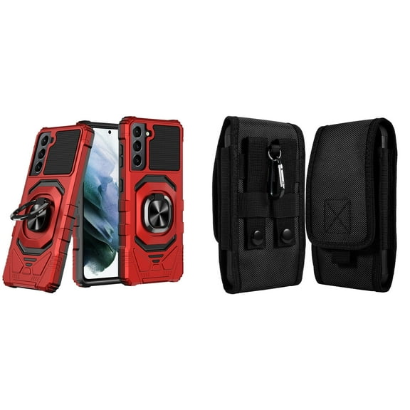 Case with Belt Holster Bundle for Samsung Galaxy S22 Ultra: Heavy Duty Shield Cover (Red) and Vertical Rugged Nylon Phone Pouch