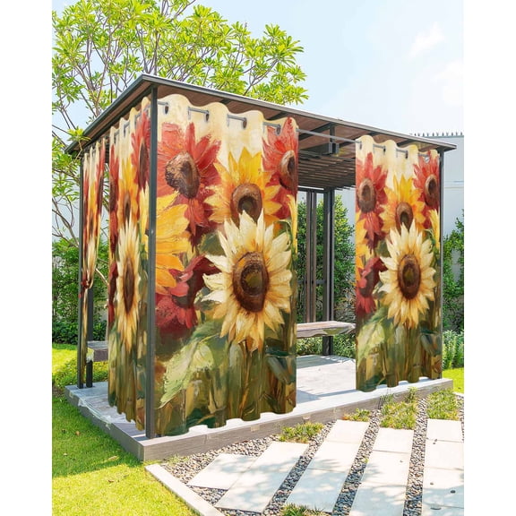 nqOlkjepod Outdoor Curtains for Patio Waterproof, Summer Sunflowers Outdoor Privacy Panels Grommet, Abstract Oil Painting Red Yellow Floral Blackout Outside Curtains for Porch 54"x95", 1 Panel
