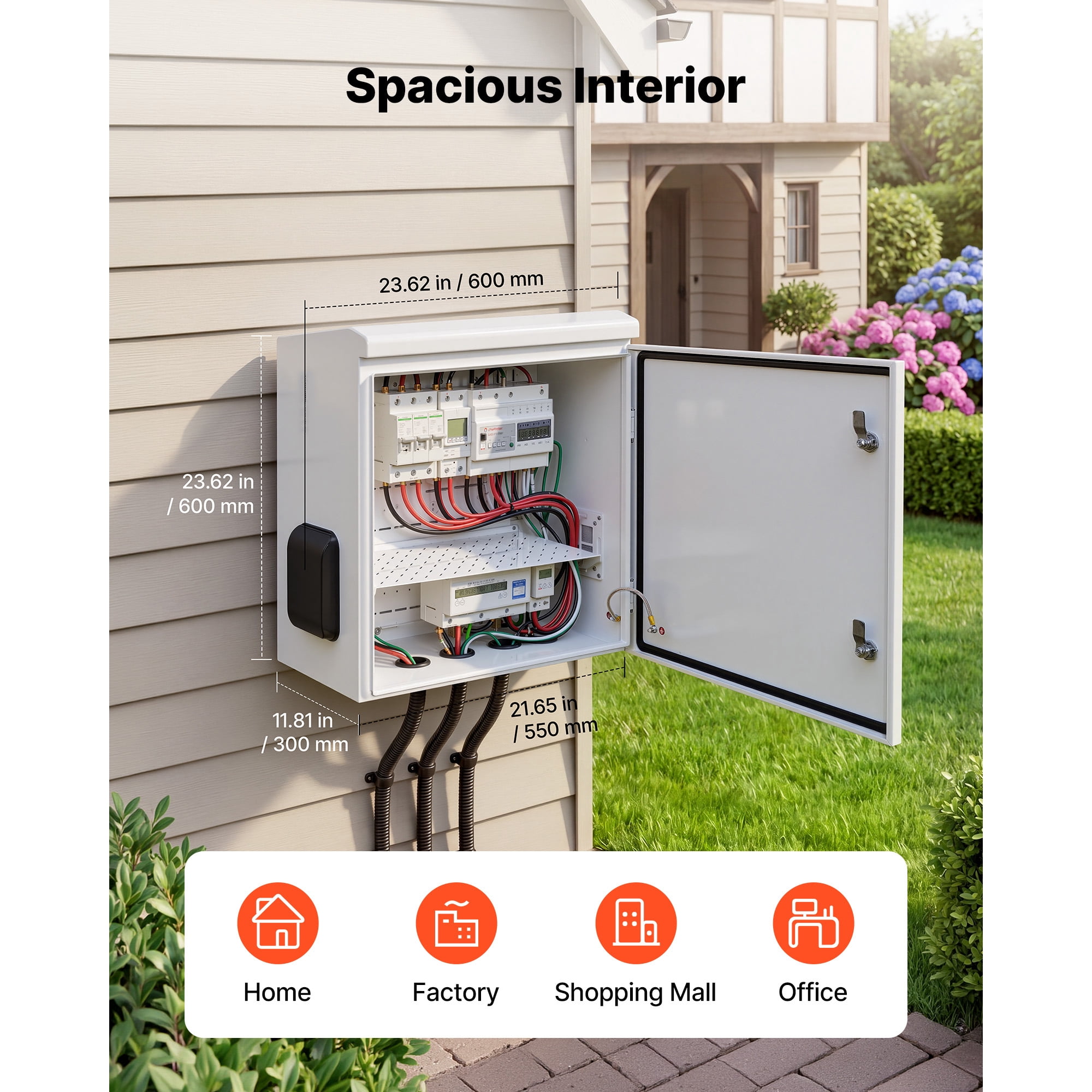 KFFKFF Outdoor Electrical Enclosure, Cold-Rolled Steel, Junction Box with Built-In Thermostat and Fan, Weatherproof Hood, Ventilated Structure, IP65 Waterproof Hinged Design, 24 x 24 x 12 in