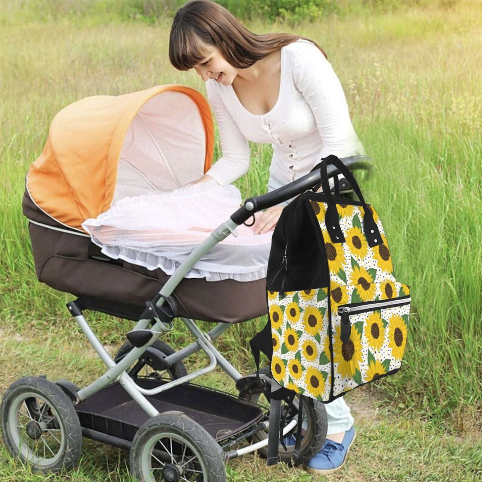 Ratiio Sunflowers Mummy Backpack - Waterproof Twill Canvas, Large Capacity Diaper Bag with Multiple Pockets and Adjustable Straps