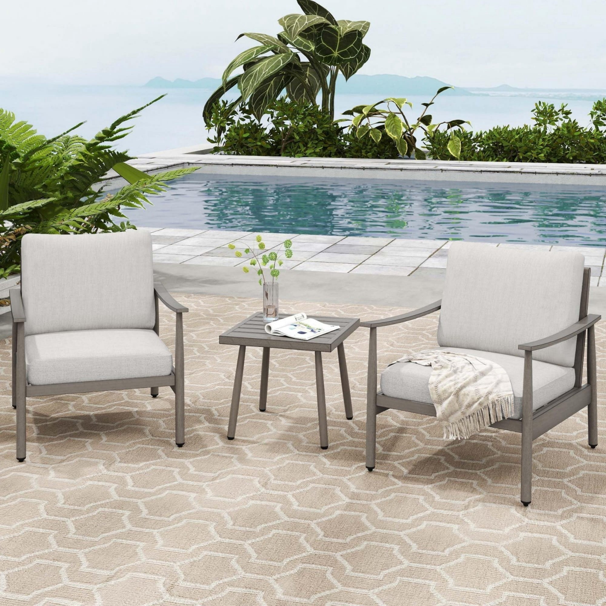 Patio Sofa Chairs Set of 2 Outdoor Aluminum Armchairs with Rope Backrest Thick Cushion Patio Seating for Porch Deck Garden Poolside, Gray