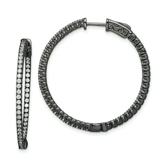 Black 1.3mm Cubic Zirconia Cz Round Hinged Hoop Earrings In/out